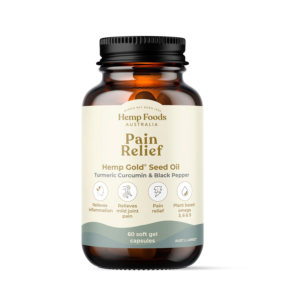 Hemp Foods Australia Pain Relief With Hemp Gold Seed Oil 60 Capsules, Turmeric Curcumin & Black Pepper