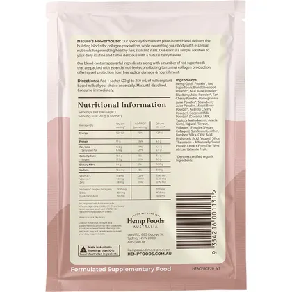 Hemp Foods Australia Plant Based Collagen+ Single Sachet 20g Or A Box Of 7 x 20g, With Bamboo Silica & Hyaluronic Acid - Image 3