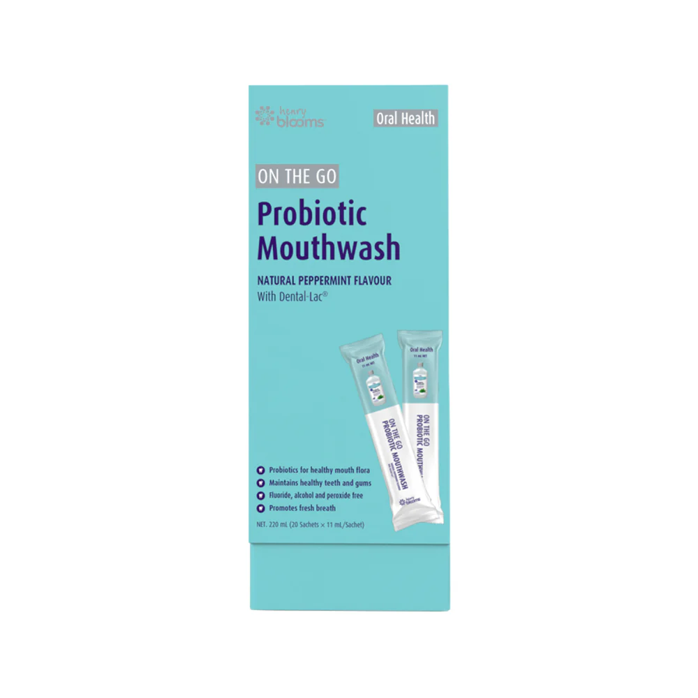 Henry Blooms Oral Health ON THE GO Probiotic Mouthwash Natural Peppermint 20 Sachets, Fluoride Alcohol & Peroxide Free