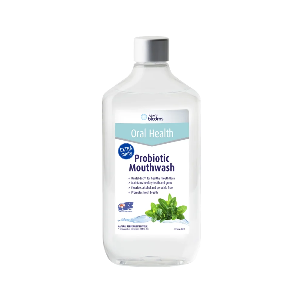 Henry Blooms Oral Health Probiotic Mouthwash Peppermint 375mL, Fluoride Alcohol & Peroxide Free