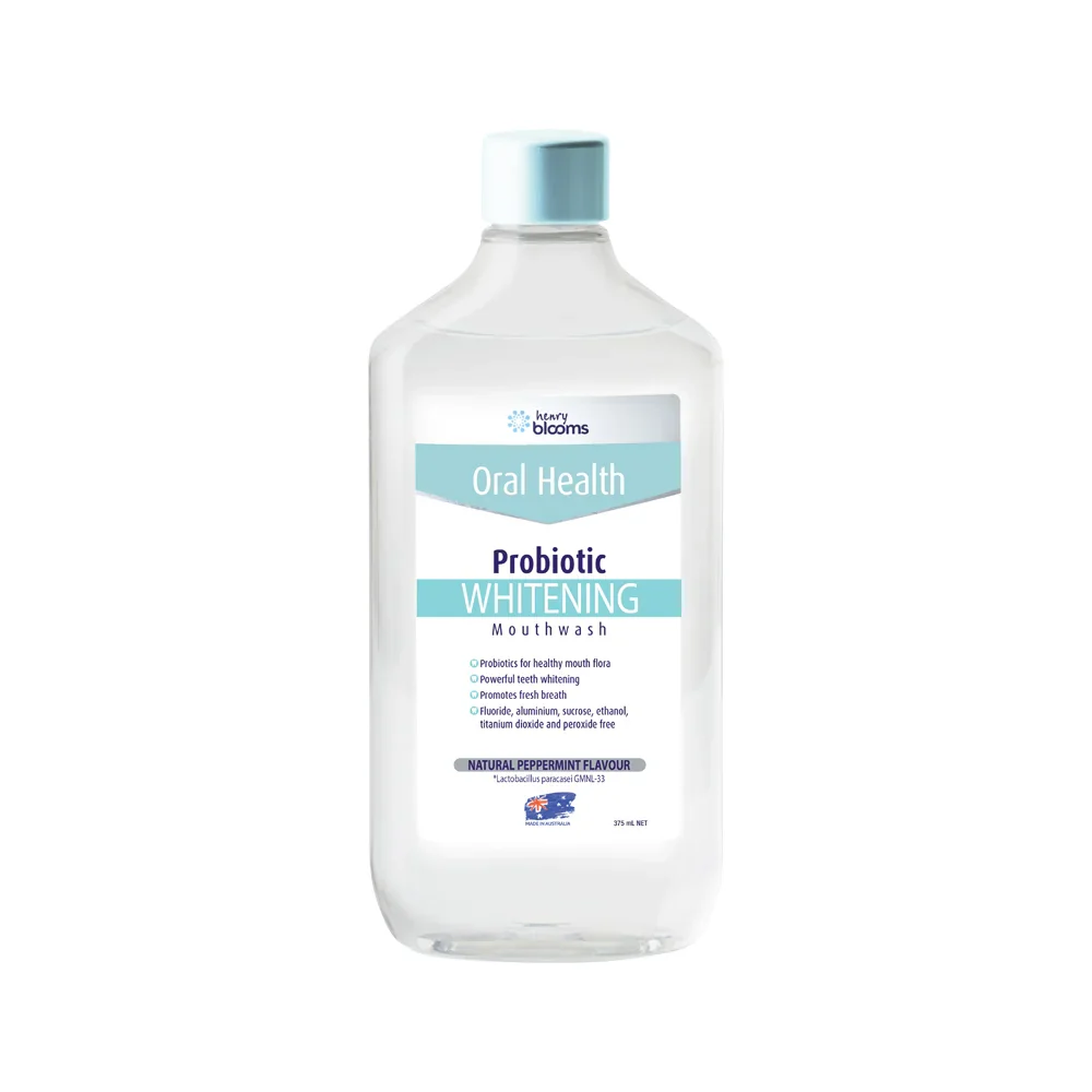 Henry Blooms Oral Health Probiotic Whitening Mouthwash Peppermint 375mL, Fluoride Aluminum & Peroxide Free