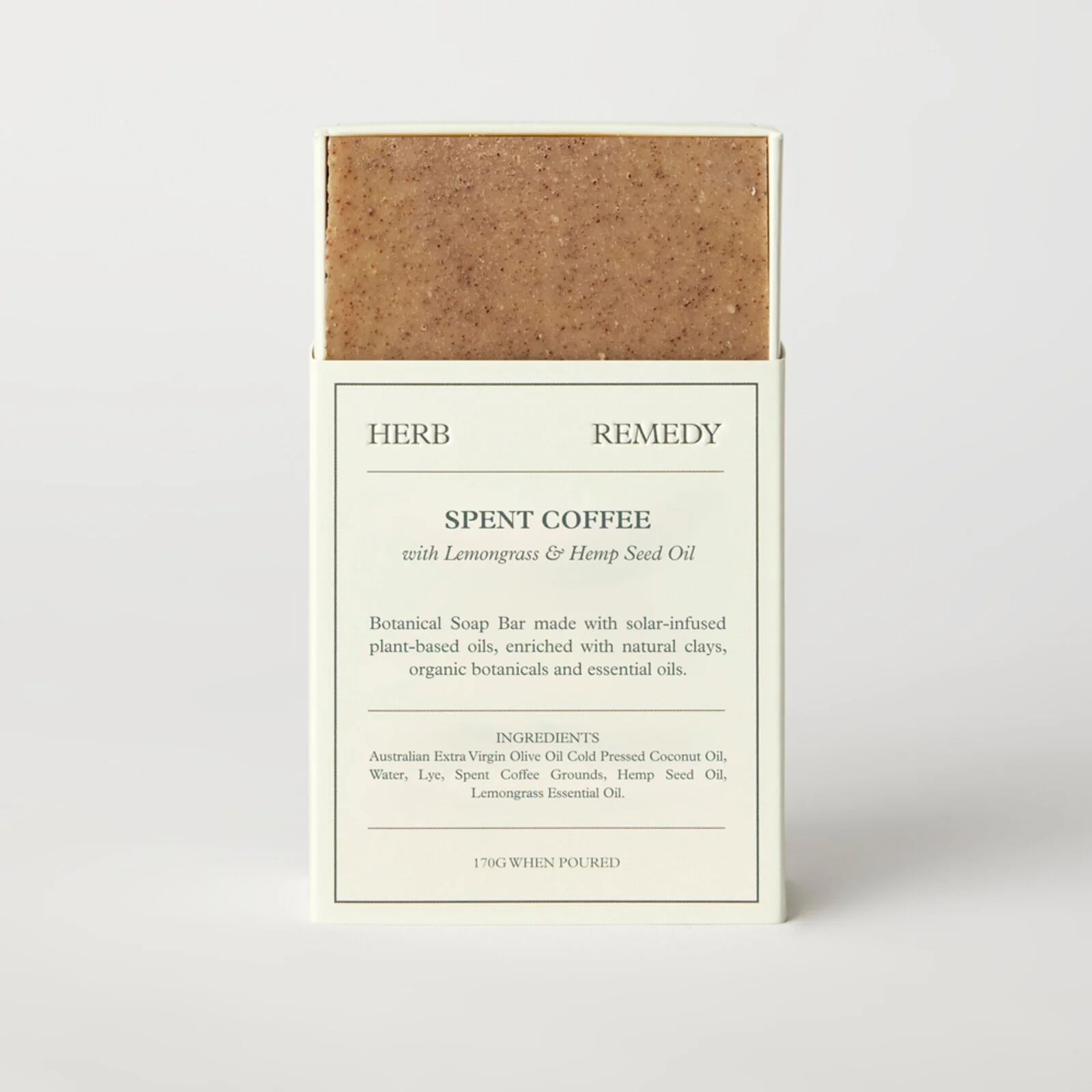 Herb Remedy Soaps Spent Coffee With Lemongrass & Hemp Seed Oil 170g, With Solar Infused Plant Based Oils