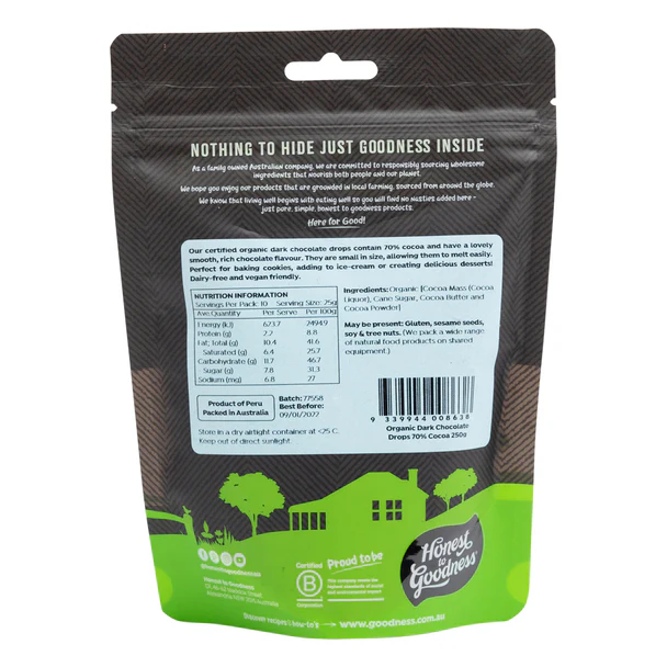 Honest To Goodness Certified Organic Dark Chocolate Drops 70% Cocoa 250g Or 1kg, Made From The Highest Quality Ingredients - Image 2