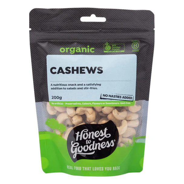 Honest To Goodness Certified Organic Cashews 200g Or 500g, A Nutritious Snack