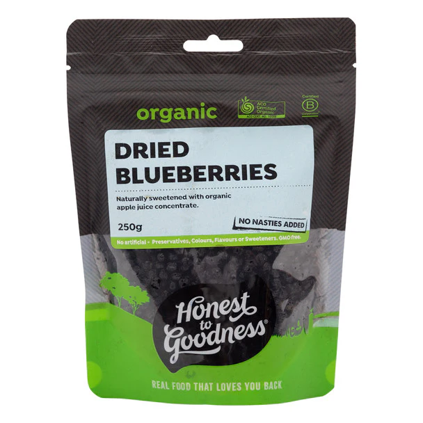 Honest To Goodness Certified Organic Dried Blueberries 250g, Sweetened With A Touch Of Organic Apple Juice