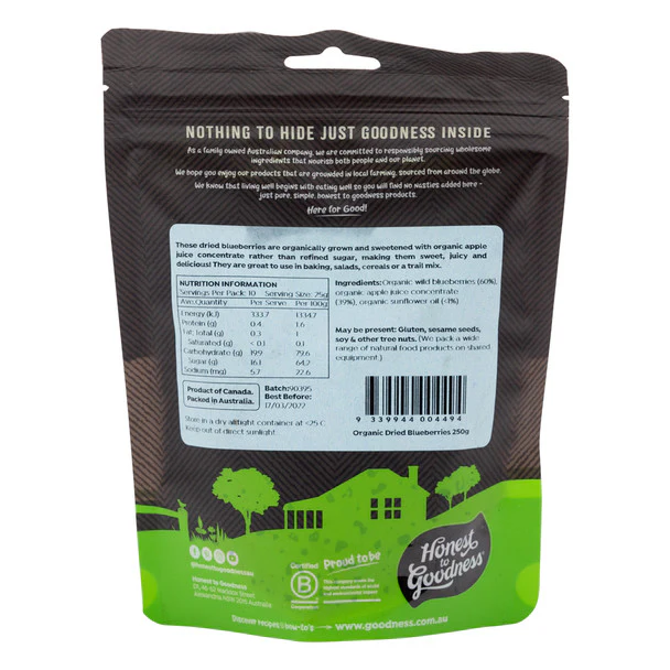 Honest To Goodness Certified Organic Dried Blueberries 250g, Sweetened With A Touch Of Organic Apple Juice - Image 3