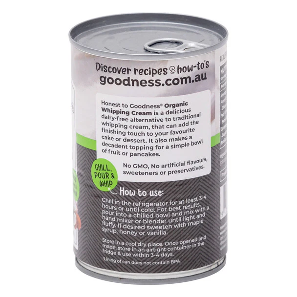 Honest To Goodness Organic Coconut Whipping Cream 400g, Dairy Free & Gluten Free - Image 2