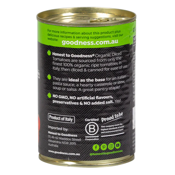 Honest To Goodness Diced Tomatoes 400g, No Added Salt & Australian Certified Organic - Image 2