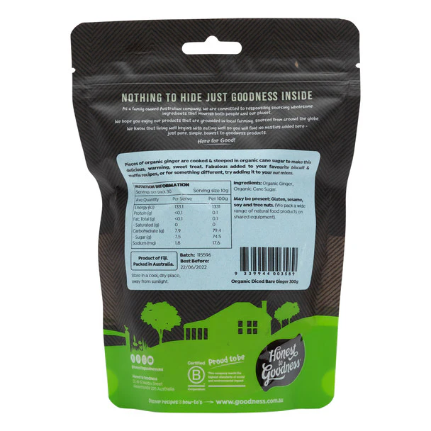 Honest To Goodness Diced Bare Ginger 300g, Australian Certified Organic & A Warming Treat - Image 2