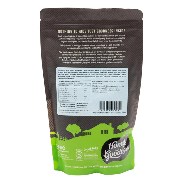 Honest To Goodness Certified Organic French Style Green Lentils 500g, Use In Salads, Soups & Curries - Image 2