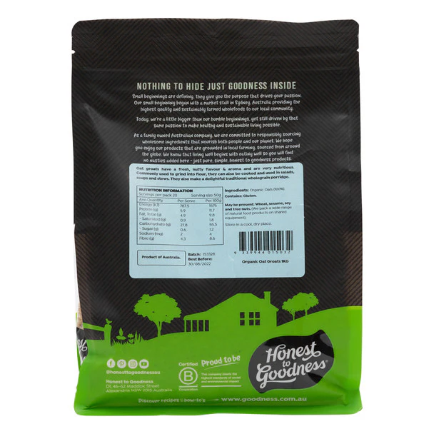 Honest To Goodness Oat Groats 1Kg, Certified Organic & Australian - Image 2