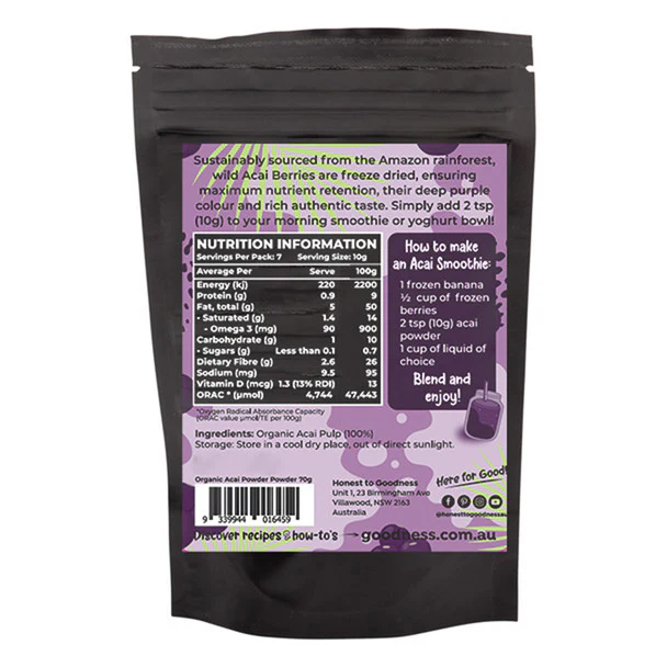 Honest To Goodness Organic Acai Powder 70g, Supercharge Your Smoothies - Image 2