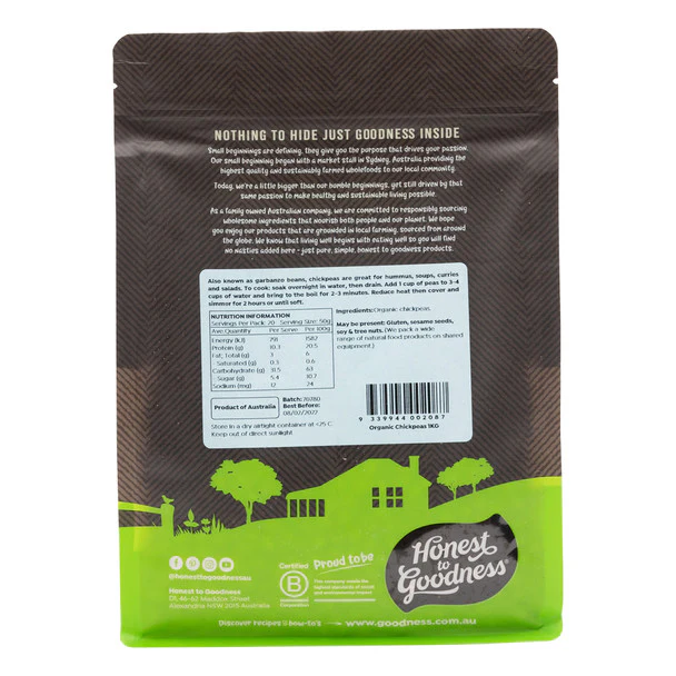 Honest To Goodness Organic Chickpeas 1kg, Australian Certified Organic - Image 2