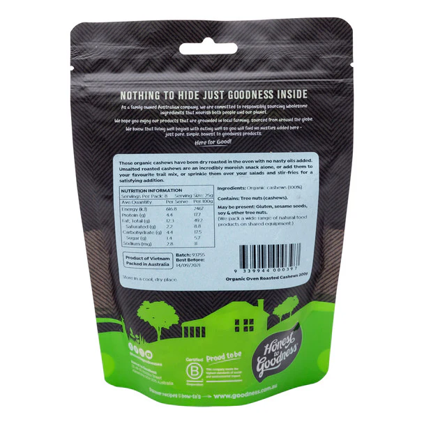 Honest To Goodness Certified Organic Oven Roasted Cashews 200g Or 500g, No Added Oils - Image 3
