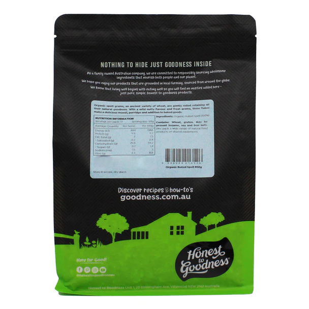 Honest To Goodness Rolled Spelt 850g, Australian Certified Organic - Image 2