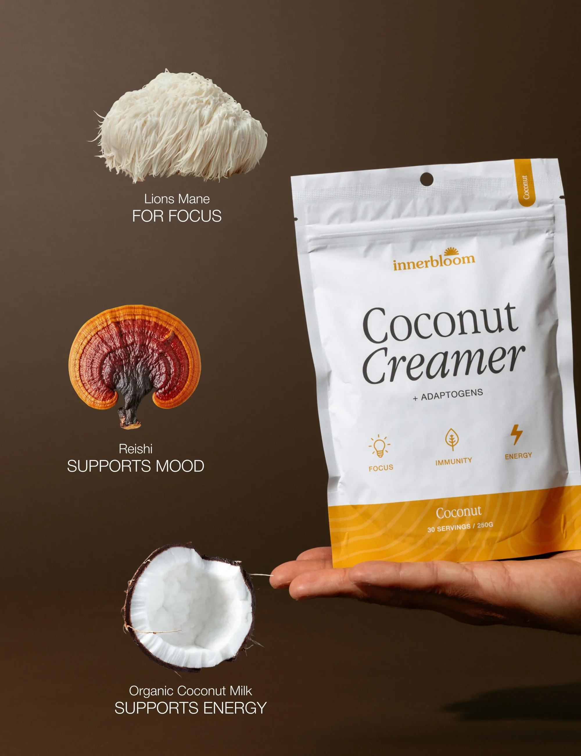Innerbloom Coconut Creamer + Adaptogens 250g, Sweet & Creamy To  Elevate Your Coffee Experience Coconut Flavour