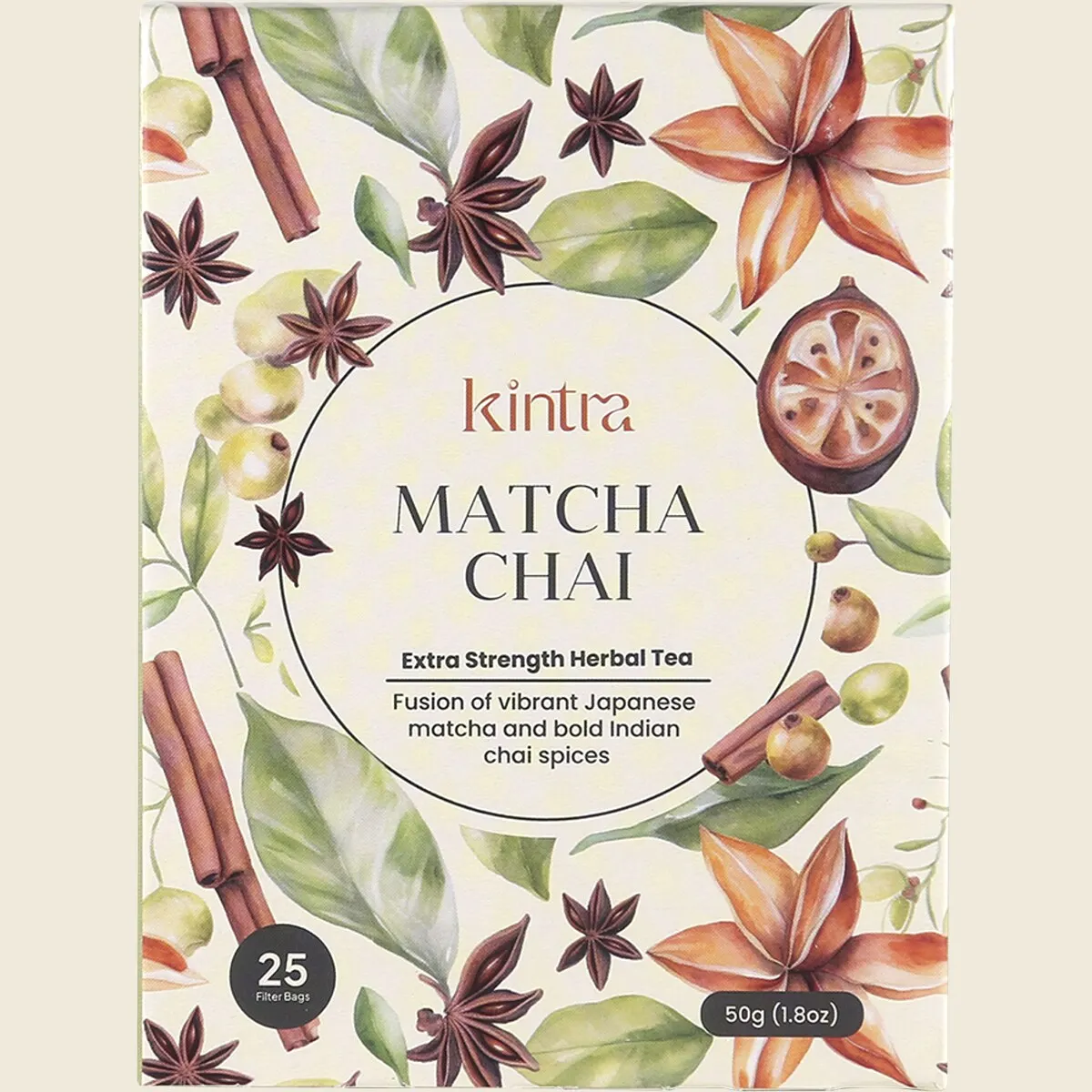 Kintra Matcha Chai Tea Blend Tea Bags 25 Bags, Spiced Antioxidant Green Tea Fusion