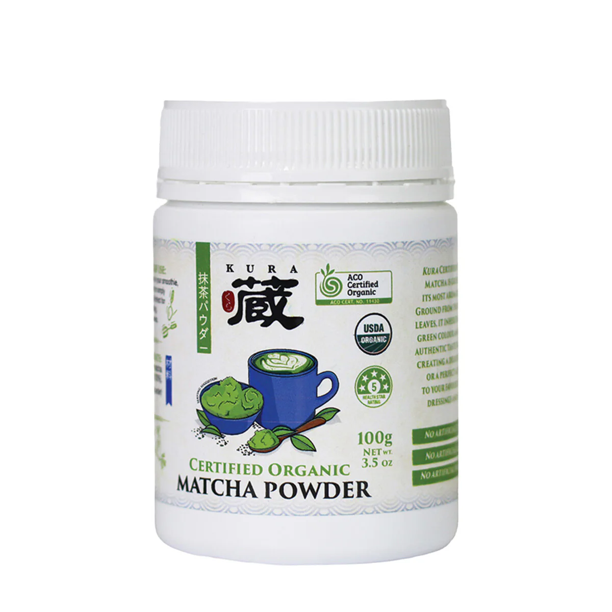 Kura Certified Organic Matcha Powder 100g, Beautifully Smooth