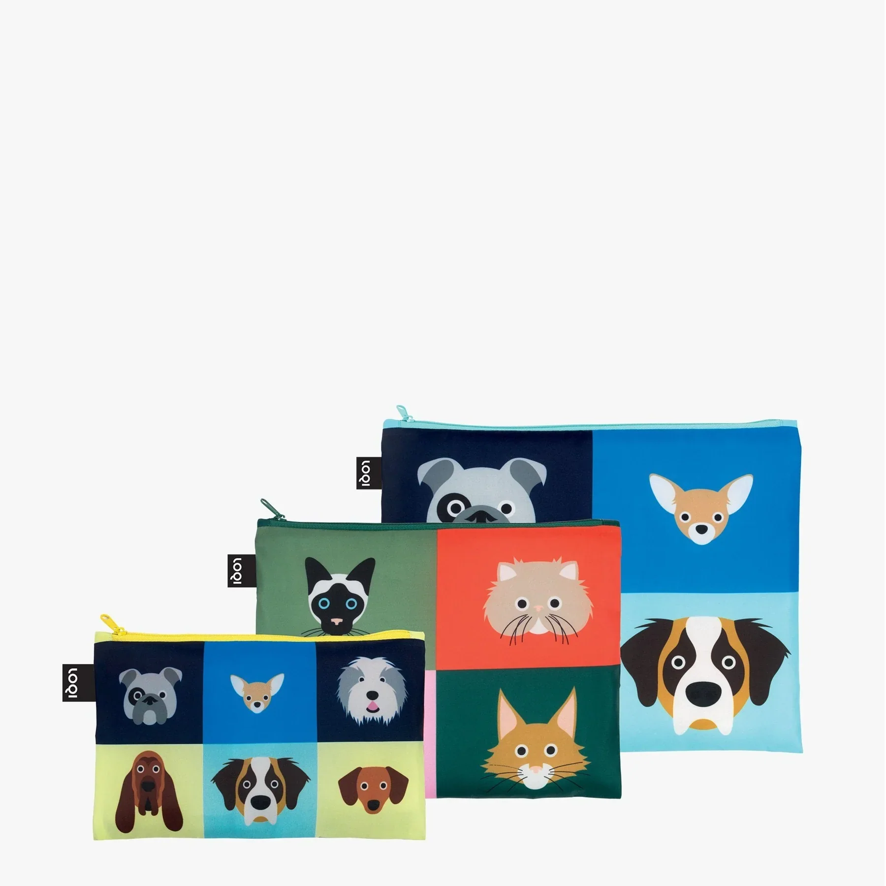 LOQI Recycled Zip Pockets Set Of Three, Dogs & Cats | By Stephen Cheetham
