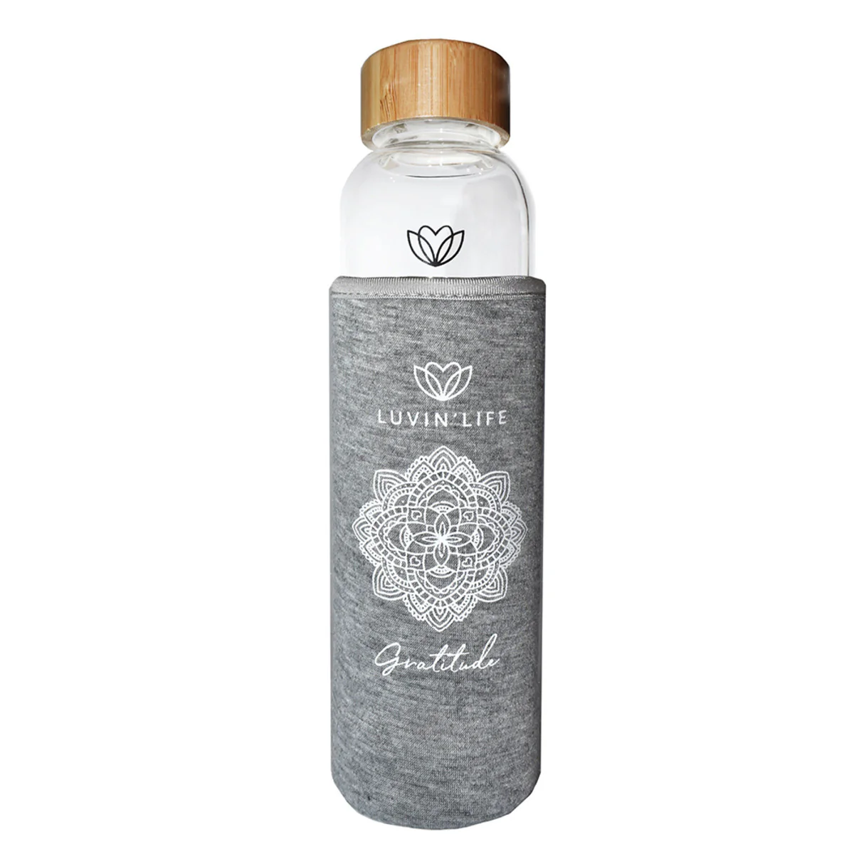 Luvin' Life Water Bottle 550ml, Amethyst Crystals & Bamboo 'Gratitude' {Includes A Grey Sleeve} - Image 3