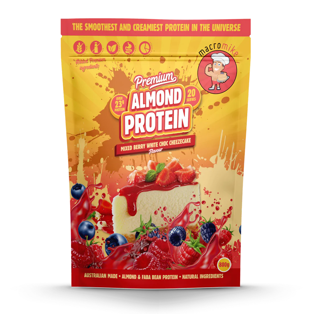 Macro Mike Premium Almond Protein 800g, Mixed Berry White Choc Cheezecake Flavour