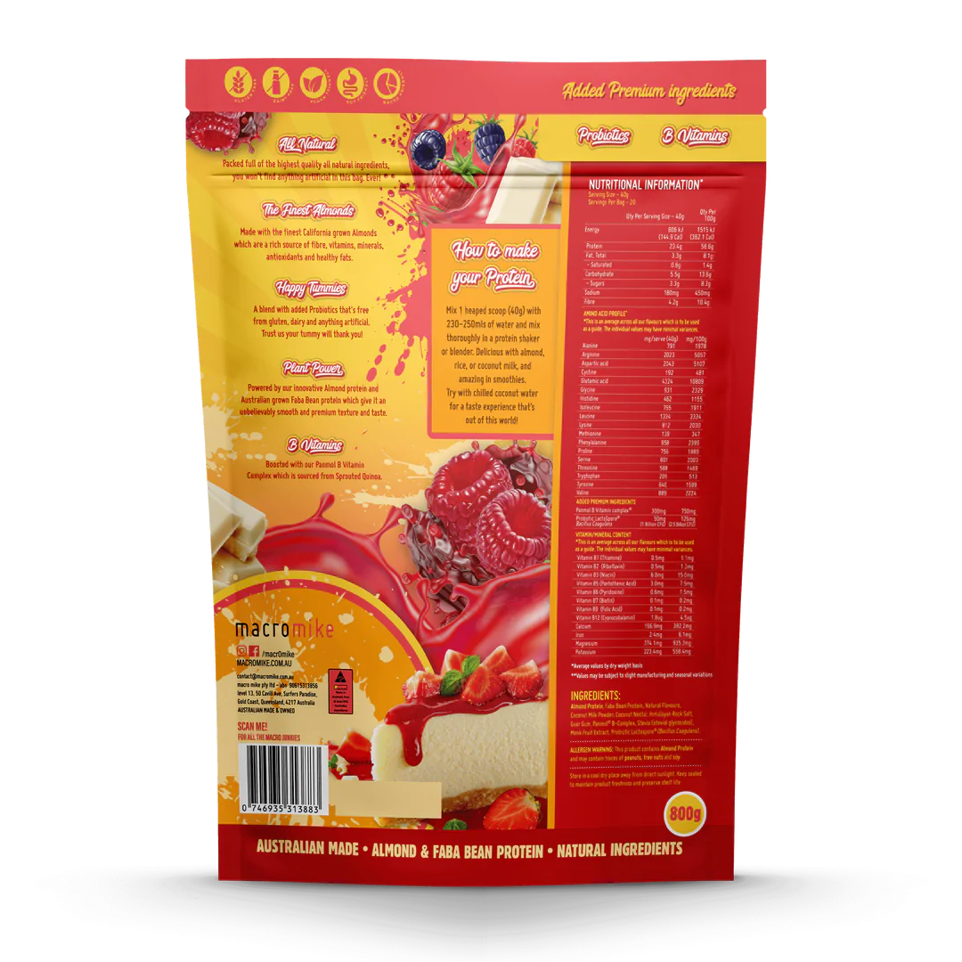 Macro Mike Premium Almond Protein 800g, Mixed Berry White Choc Cheezecake Flavour - Image 2