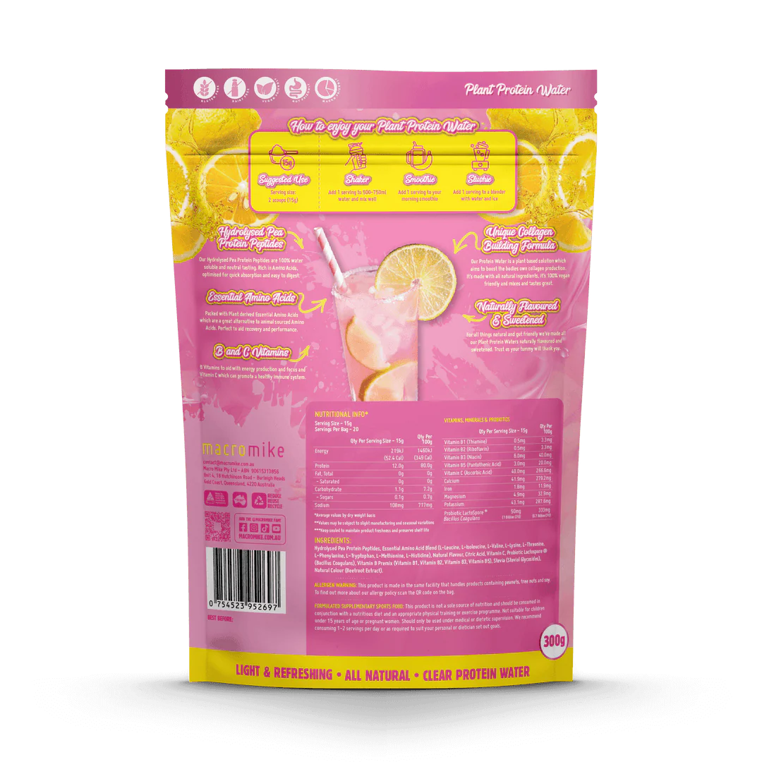 Macro Mike Plant Protein Water 300g, Pink Lemonade Flavour - Image 2
