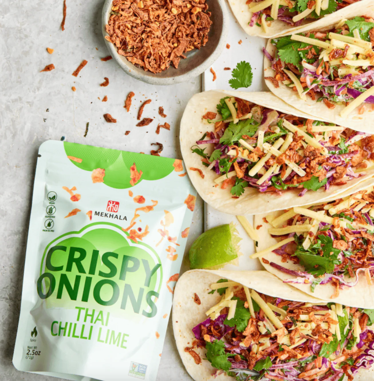 Mekhala Crispy Onions Thai Chilli Lime Flavoured 71g, Vegan & Gluten Free