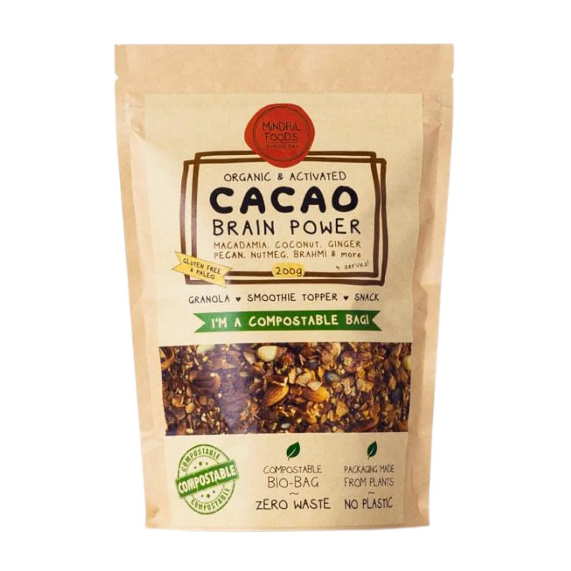 Mindful Foods Organic & Activated Cacao Brain Power Granola 200g, 450g Or 1kg, With Cacao, Coconut, Ginger & Nutmeg