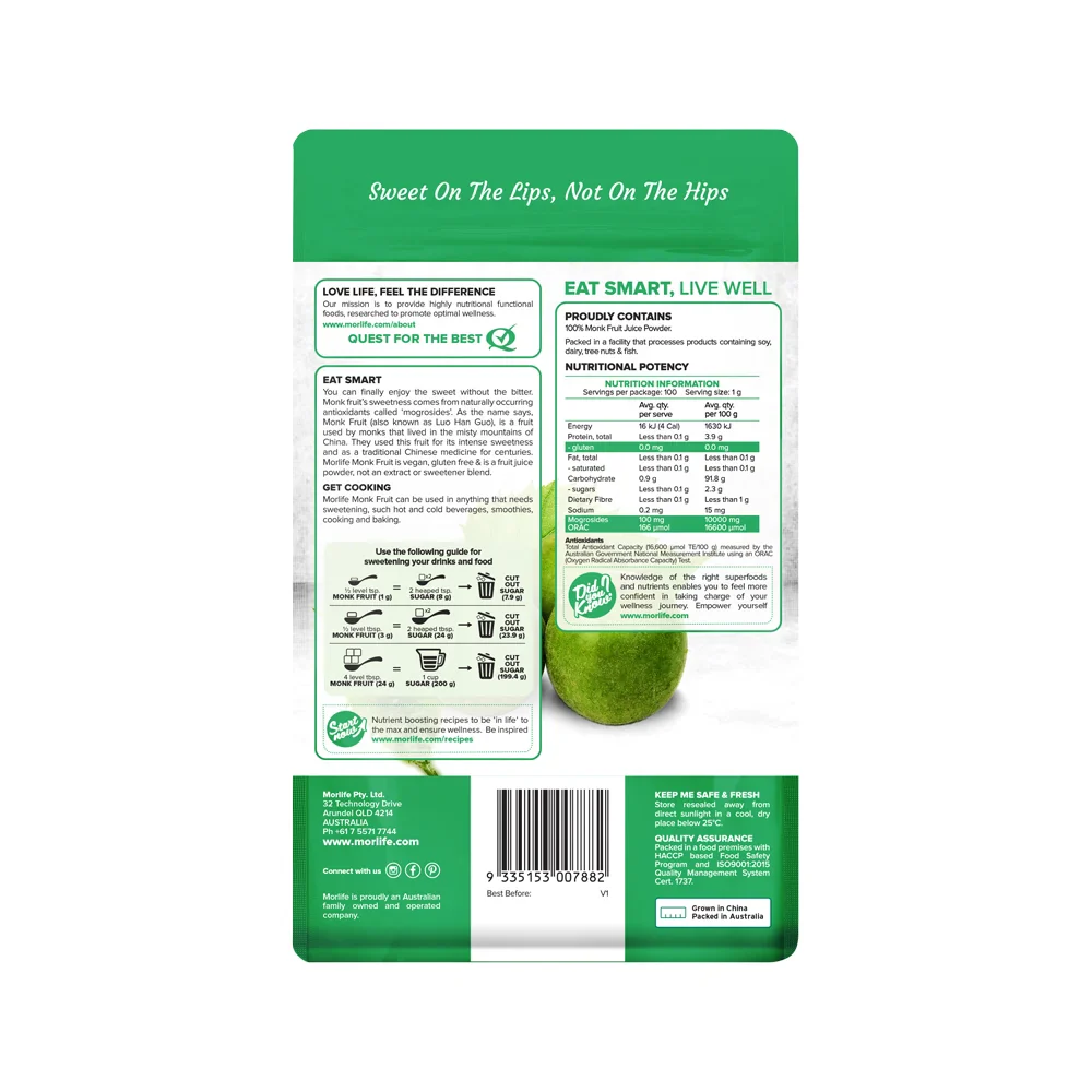Morlife Certified Organic Monk Fruit 100g, Keto & Gluten-Free - Image 2
