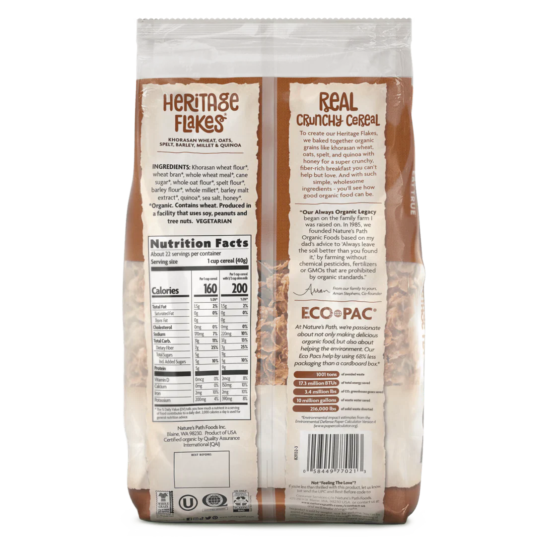 Nature's Path Heritage Flakes In An Earth Friendly Bag 907g, Certified Organic With 6 Ancient Grains - Image 4