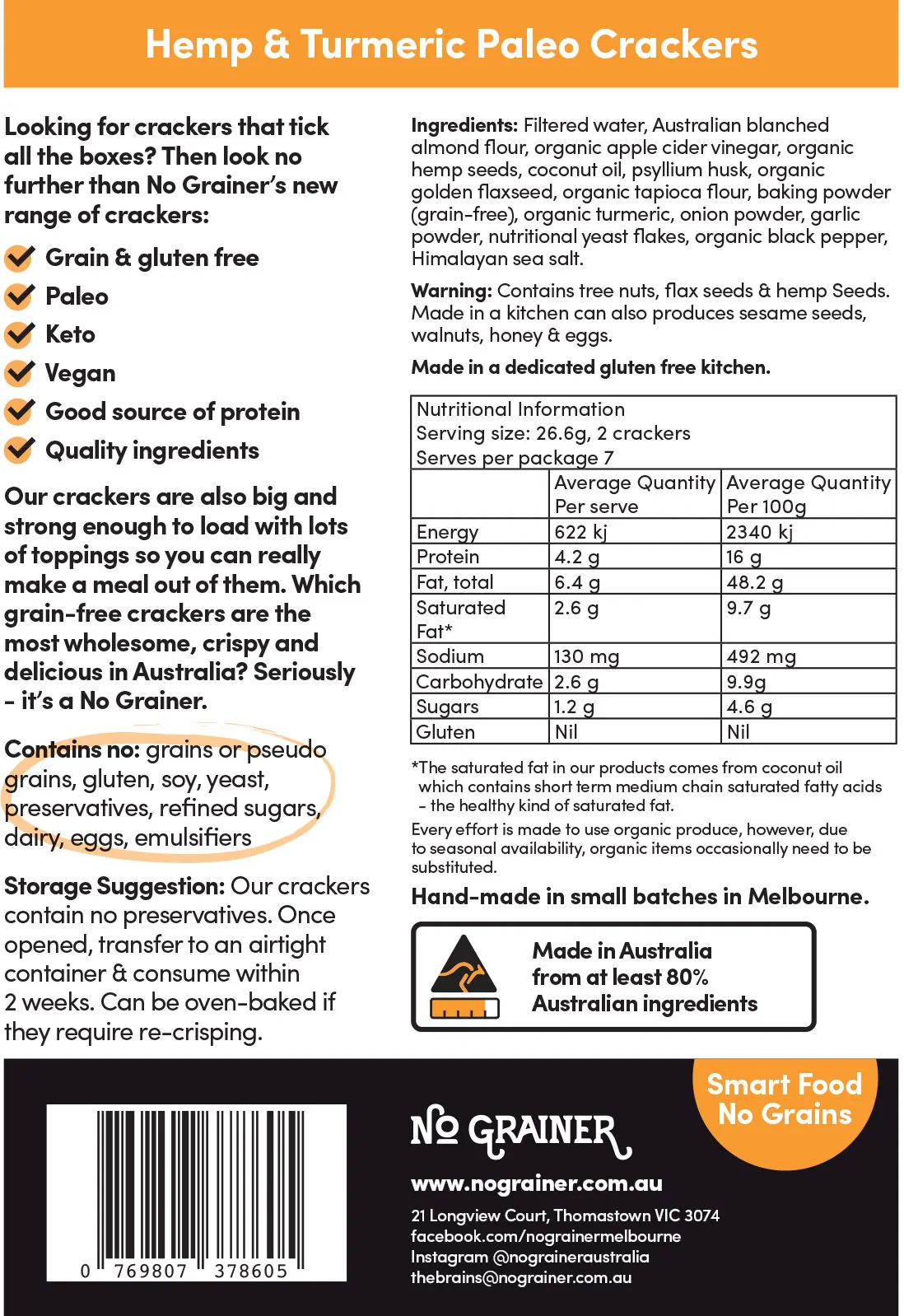 No Grainer Paleo Crackers With Hemp & Turmeric 185g, Vegan, Gluten-Free & Grain Free - Image 3