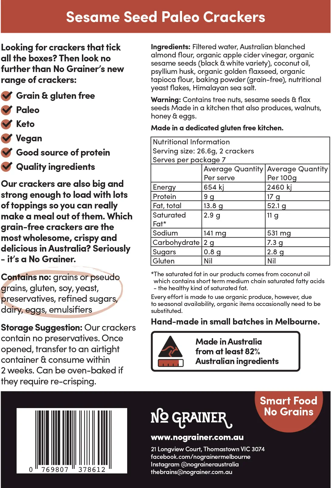 No Grainer Paleo Crackers With Sesame Seeds 190g, Vegan, Gluten-Free & Grain Free - Image 3