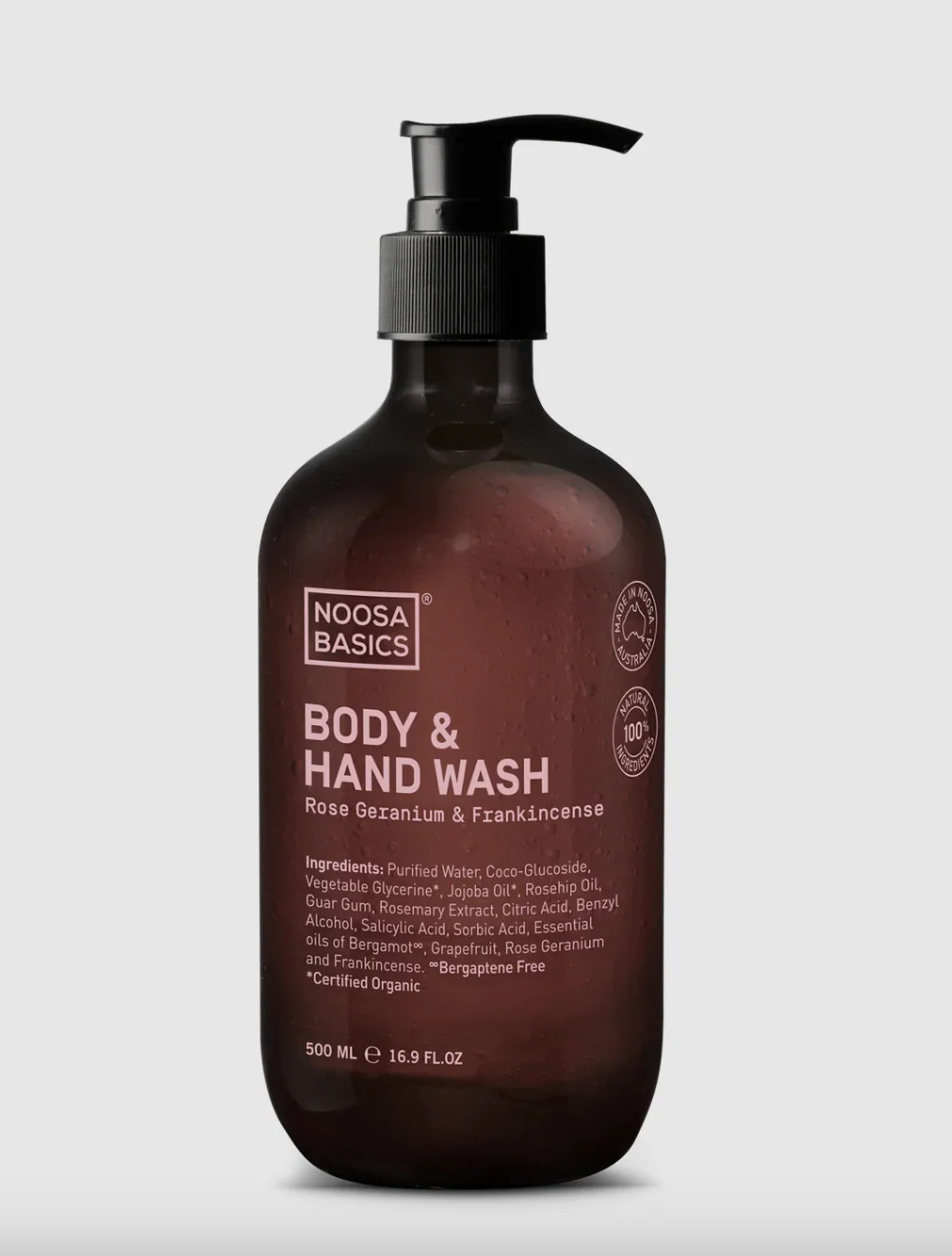 Noosa Basics Rose Geranium & Frankincense Body & Hand Wash 500mL, Leaves Skin Feeling Soft