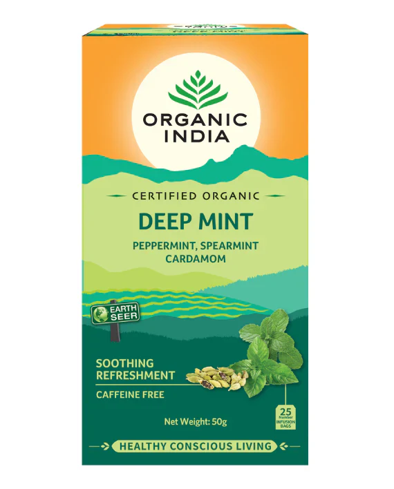 Organic India Certified Organic Deep Mint Tea 25 Bags, With Peppermint, Spearmint & Cardamom
