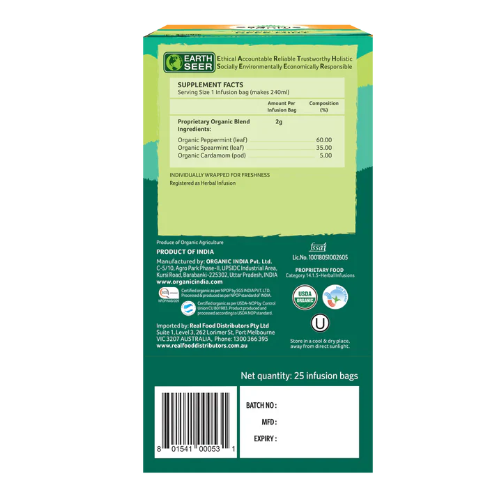 Organic India Certified Organic Deep Mint Tea 25 Bags, With Peppermint, Spearmint & Cardamom - Image 3