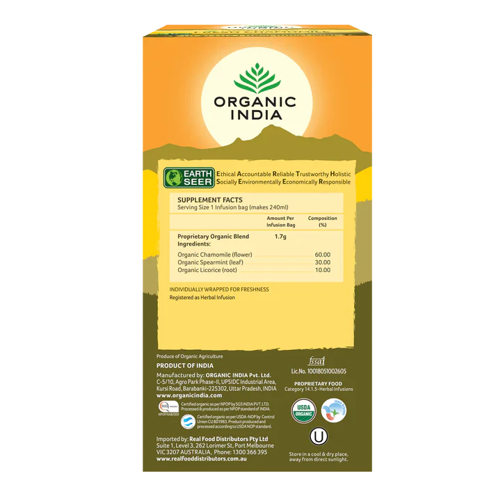 Organic India Certified Organic Fresh Chamomile Tea 25 Bags, With Chamomile, Spearmint & Licorice - Image 3
