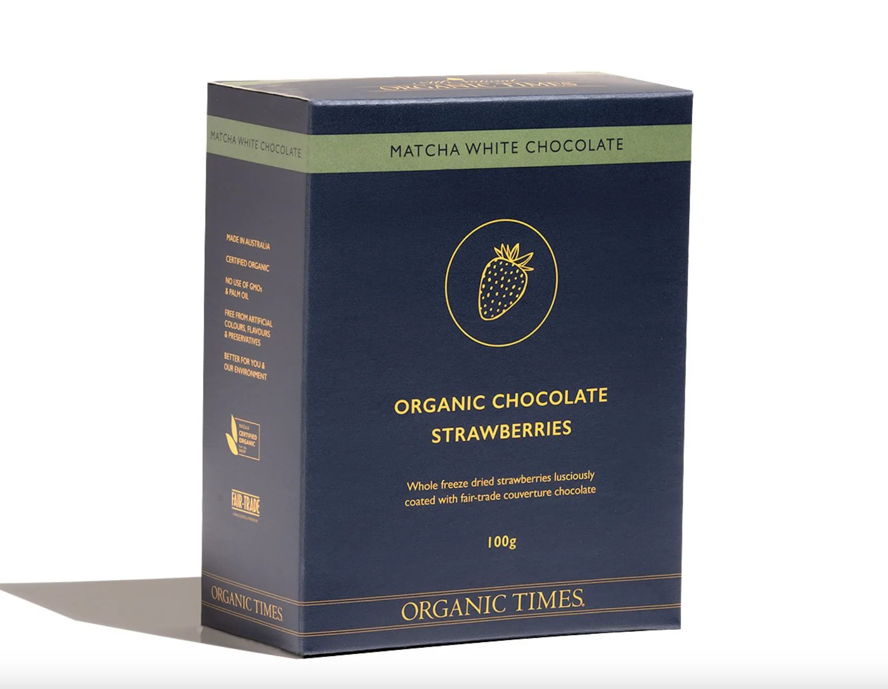 Organic Times Certified Organic Matcha White Chocolate Coated Strawberries 100g, With Freeze Dried Strawberries