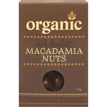 Organic Times Certified Organic Dark Chocolate Coated Macadamia Nuts 150g, Creamy & Decadent