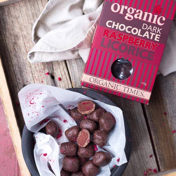 Organic Times Certified Organic Dark Chocolate Raspberry Licorice 150g, Perfect With A Cup Of Tea