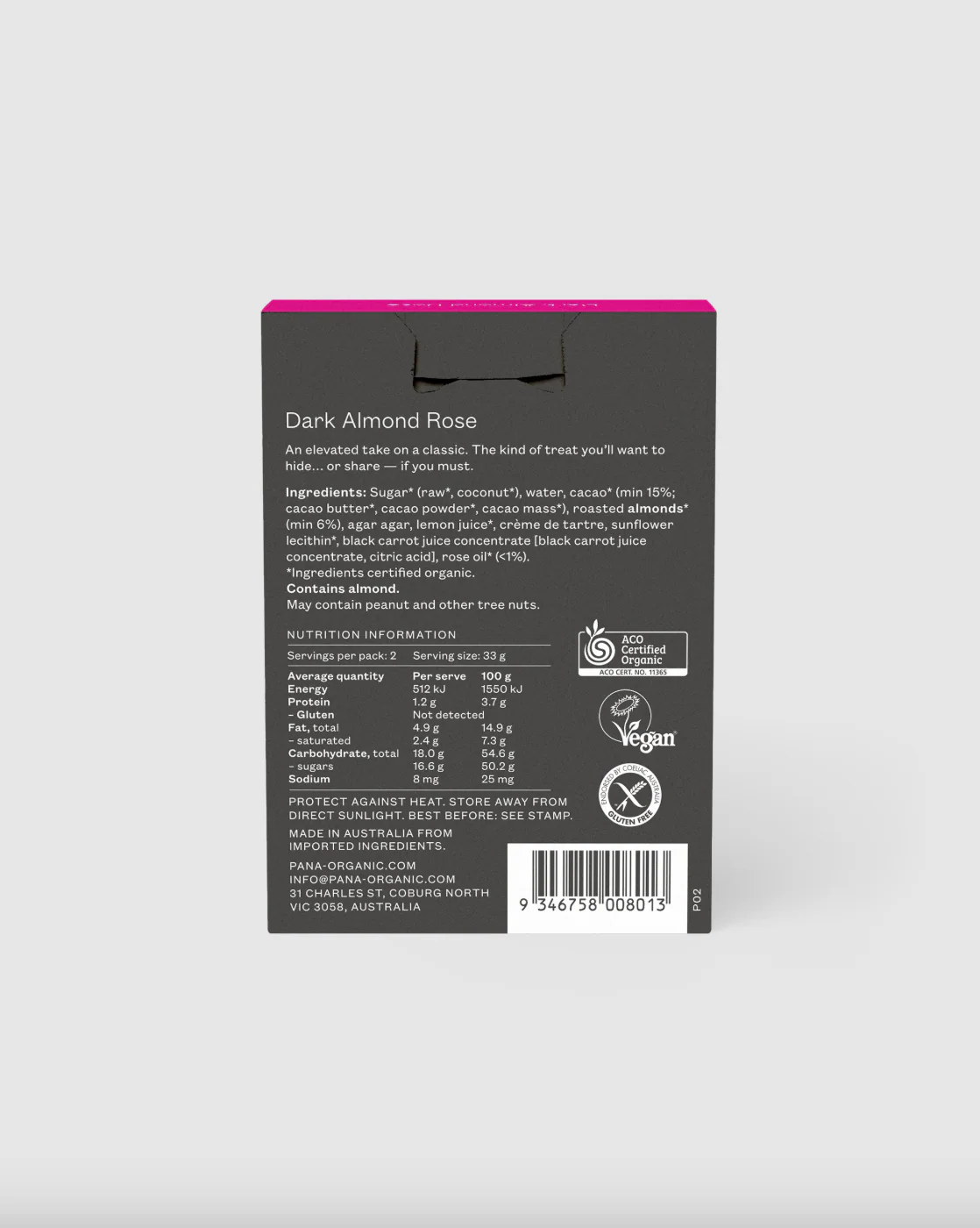 Pana Organic Dark Almond Rose Turkish Delight 2 x 66g Bars, Certified Organic - Image 4