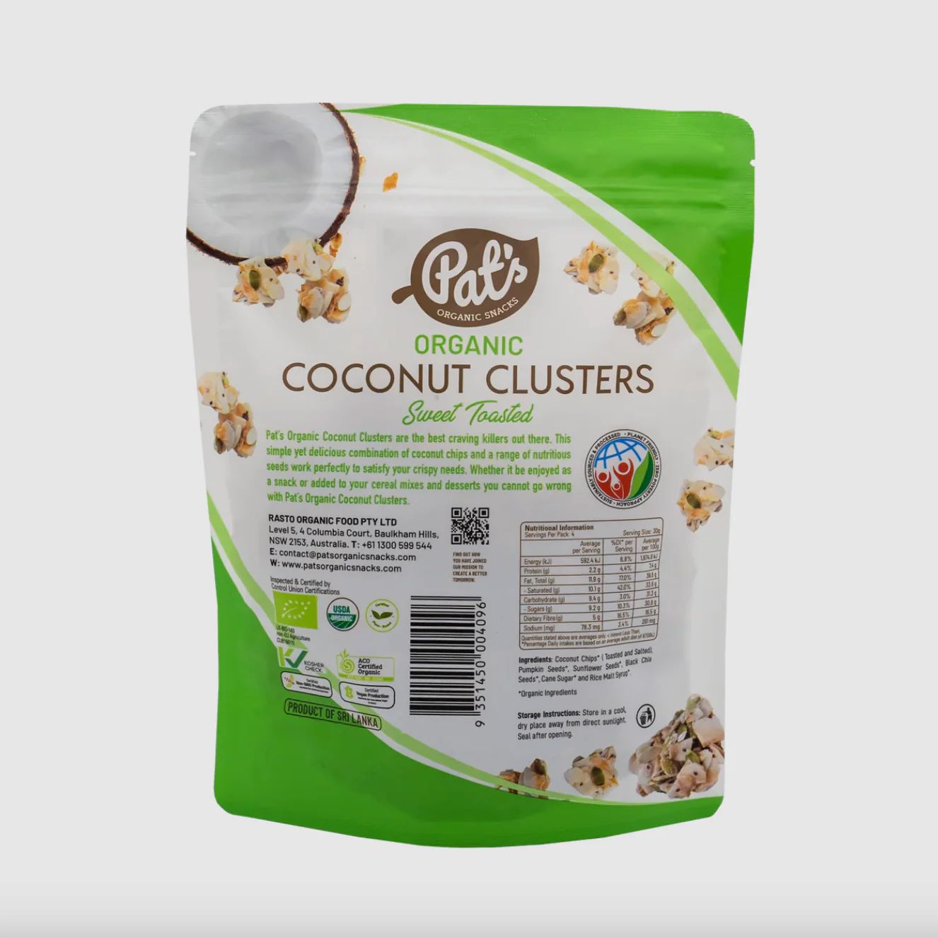 Pat's Organic Snacks Organic Coconut Clusters 140g, Regular Flavour - Image 2