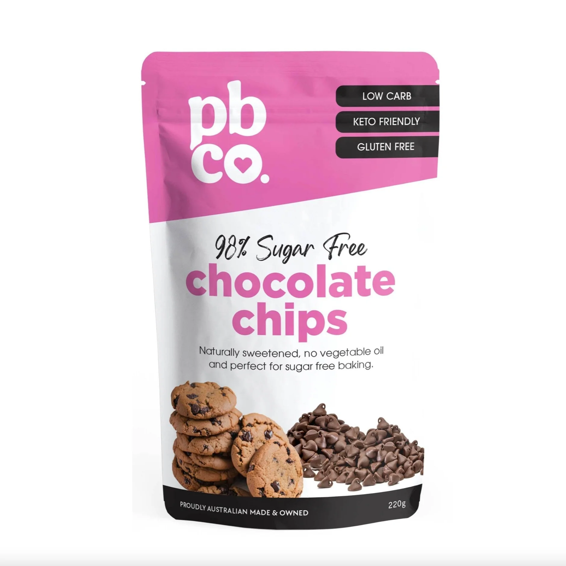 PBCo 98% Sugar Free Chocolate Chips 220g, Low Carb & Keto Friendly