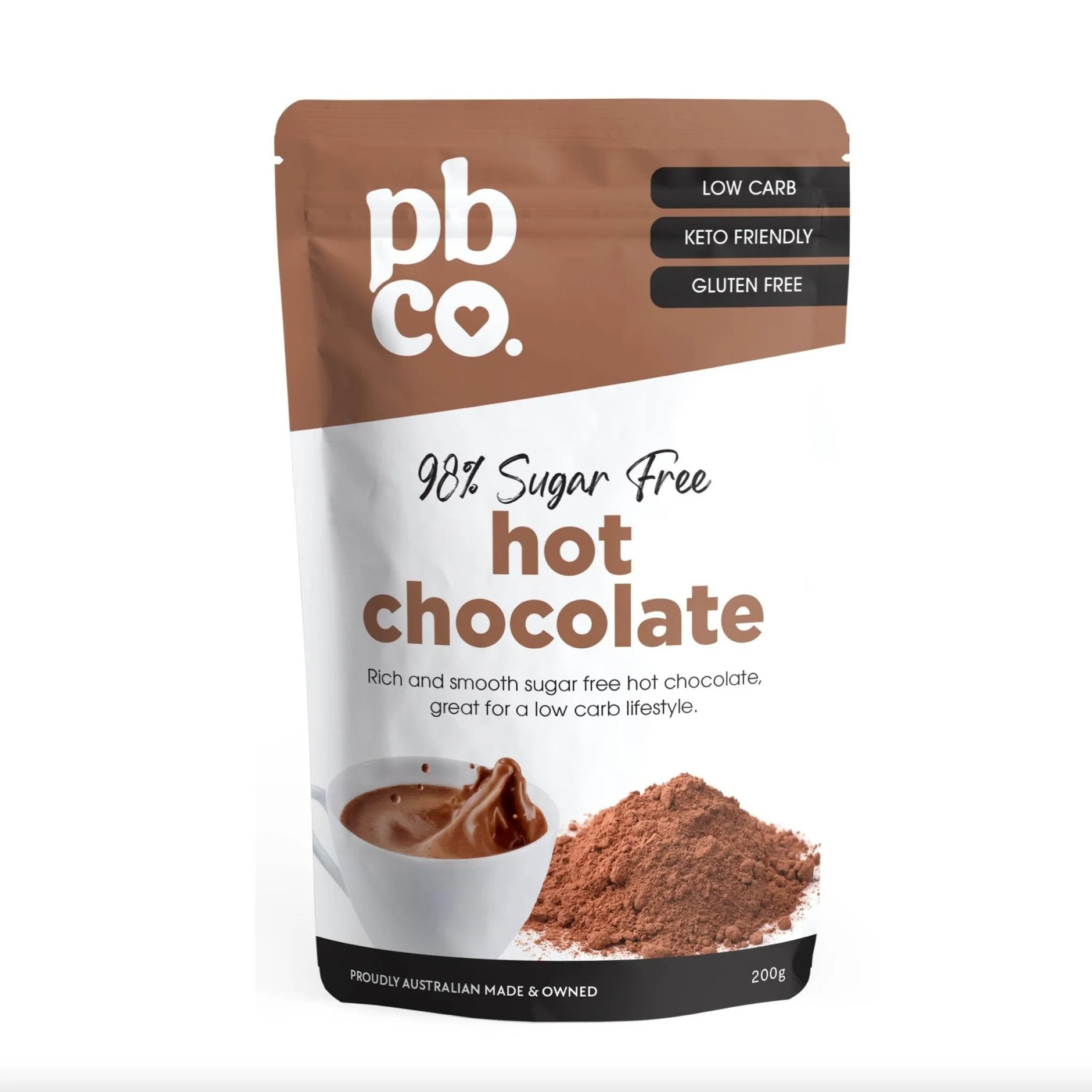 PBCo 98% Sugar Free Hot Chocolate 200g, Gluten Free & Low Carb