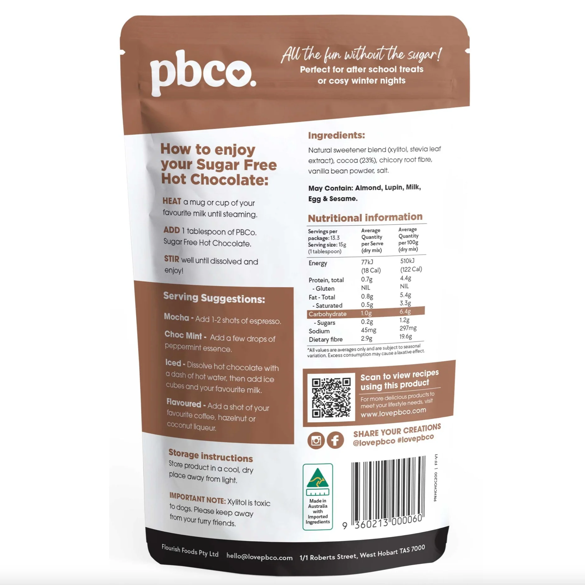 PBCo 98% Sugar Free Hot Chocolate 200g, Gluten Free & Low Carb - Image 2