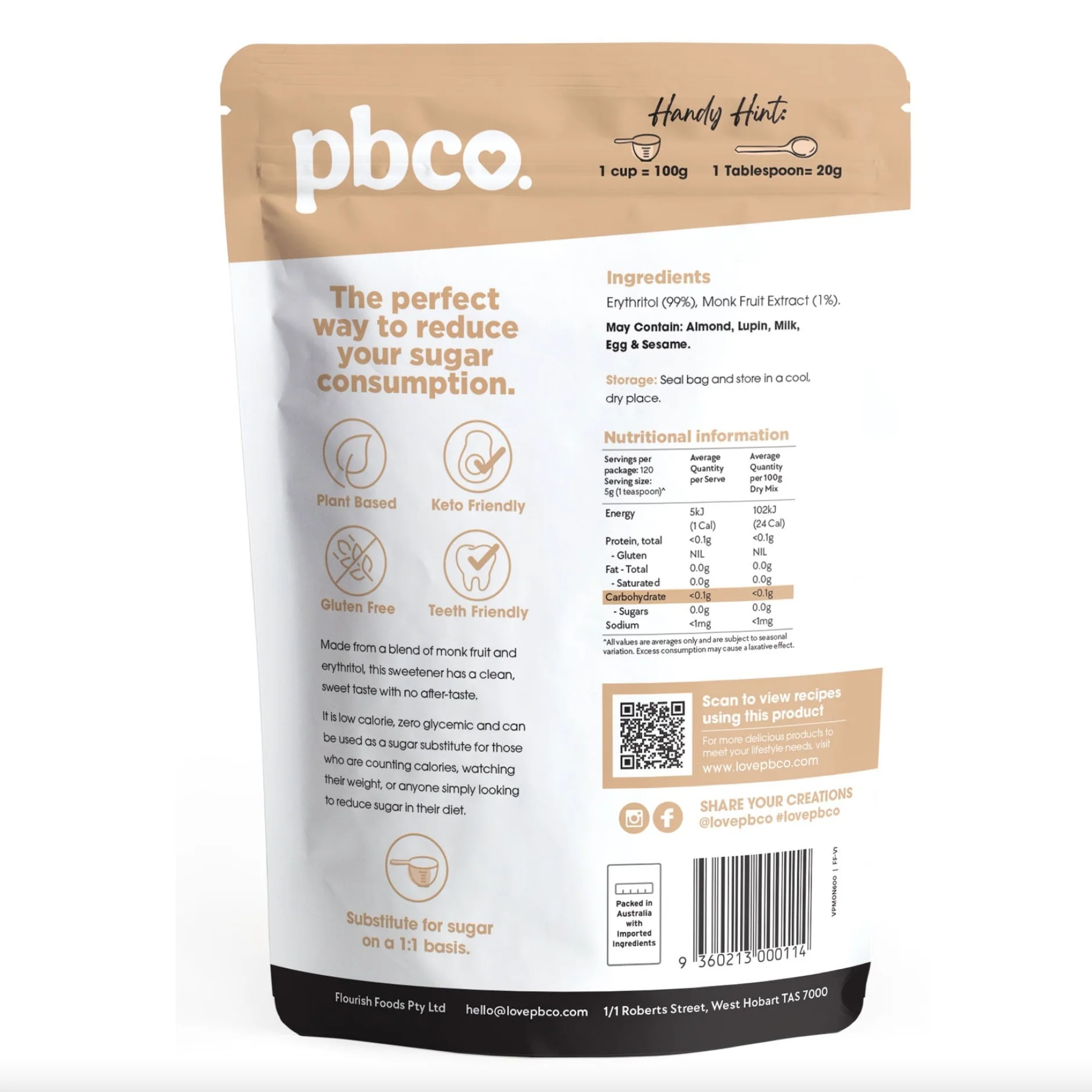 PBCo Natural Sweetener 600g, Monk Fruit & Erythritol Blend - Image 2