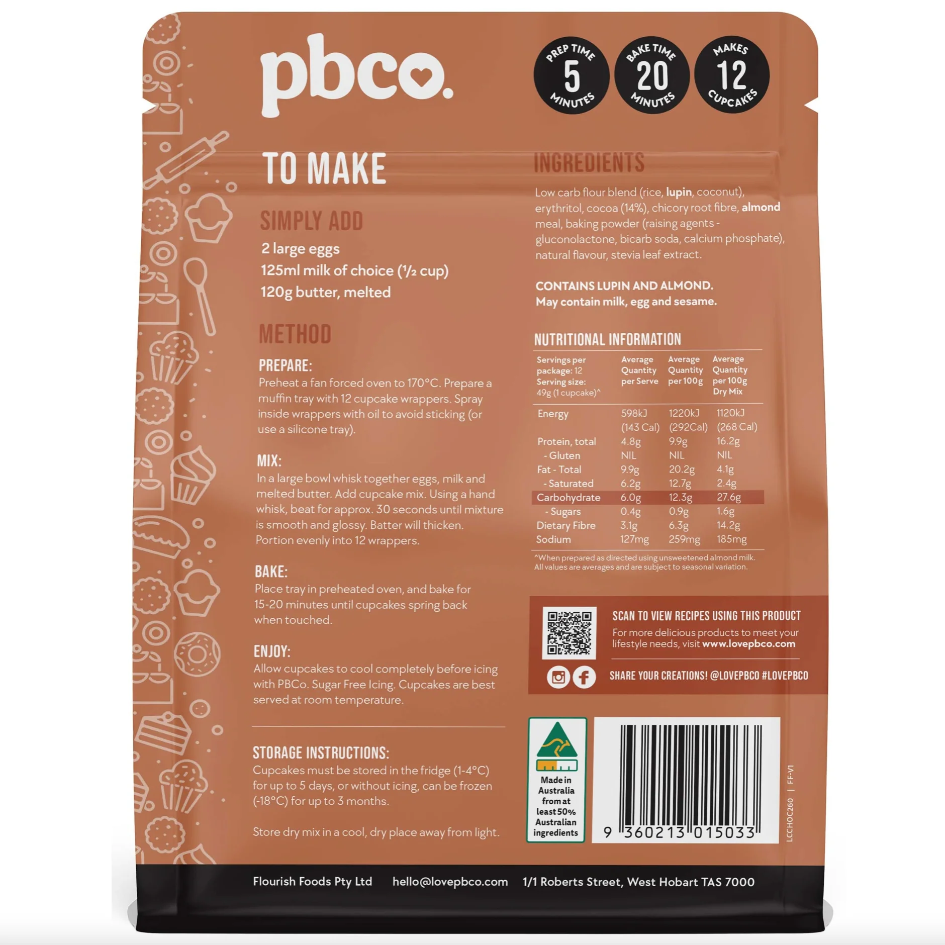 PBCo Low Carb Mix 260g, Chocolate Cupcake Mix - Image 3