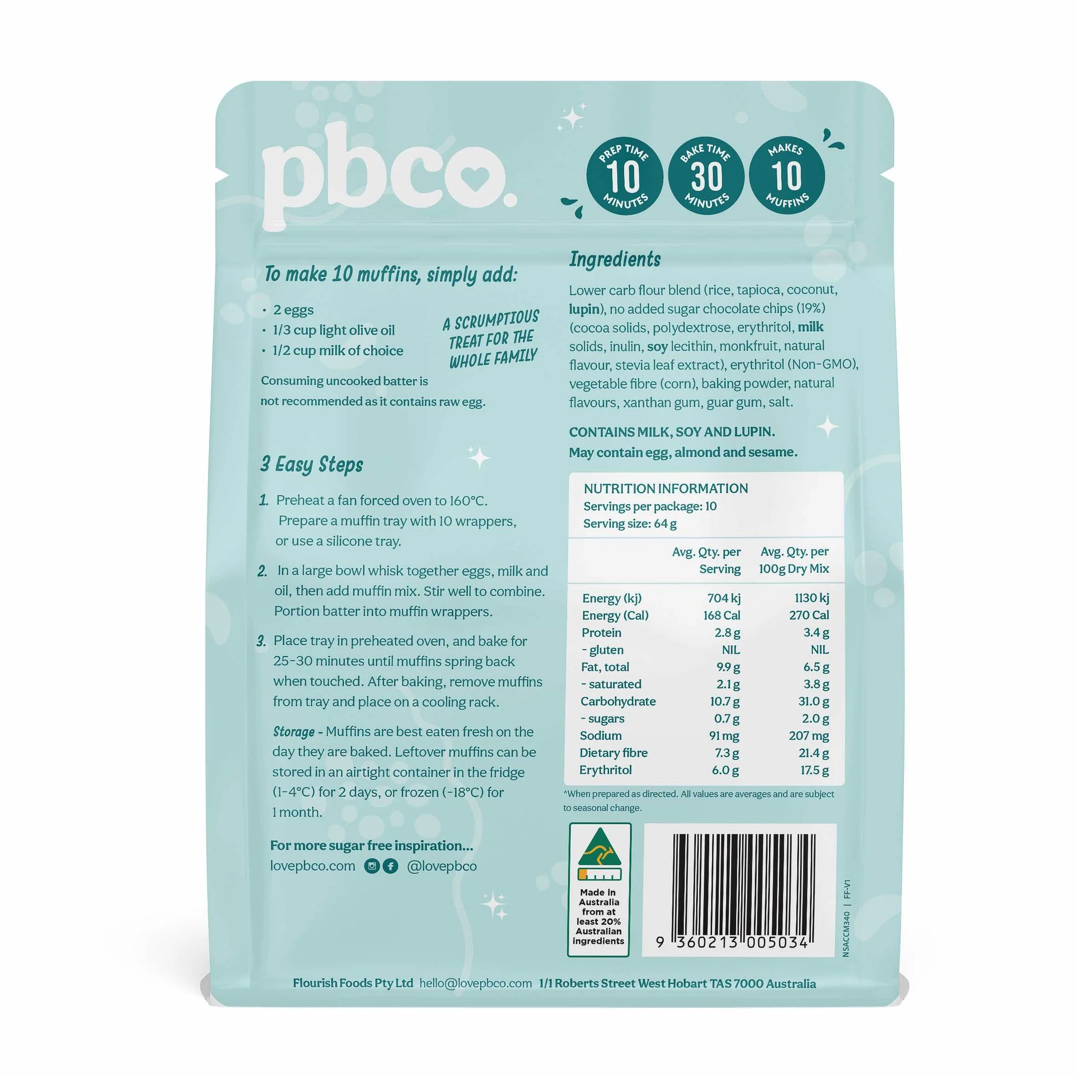 PBCo Sugar Free Mix 340g, Choc Chip Muffin Mix - Image 3