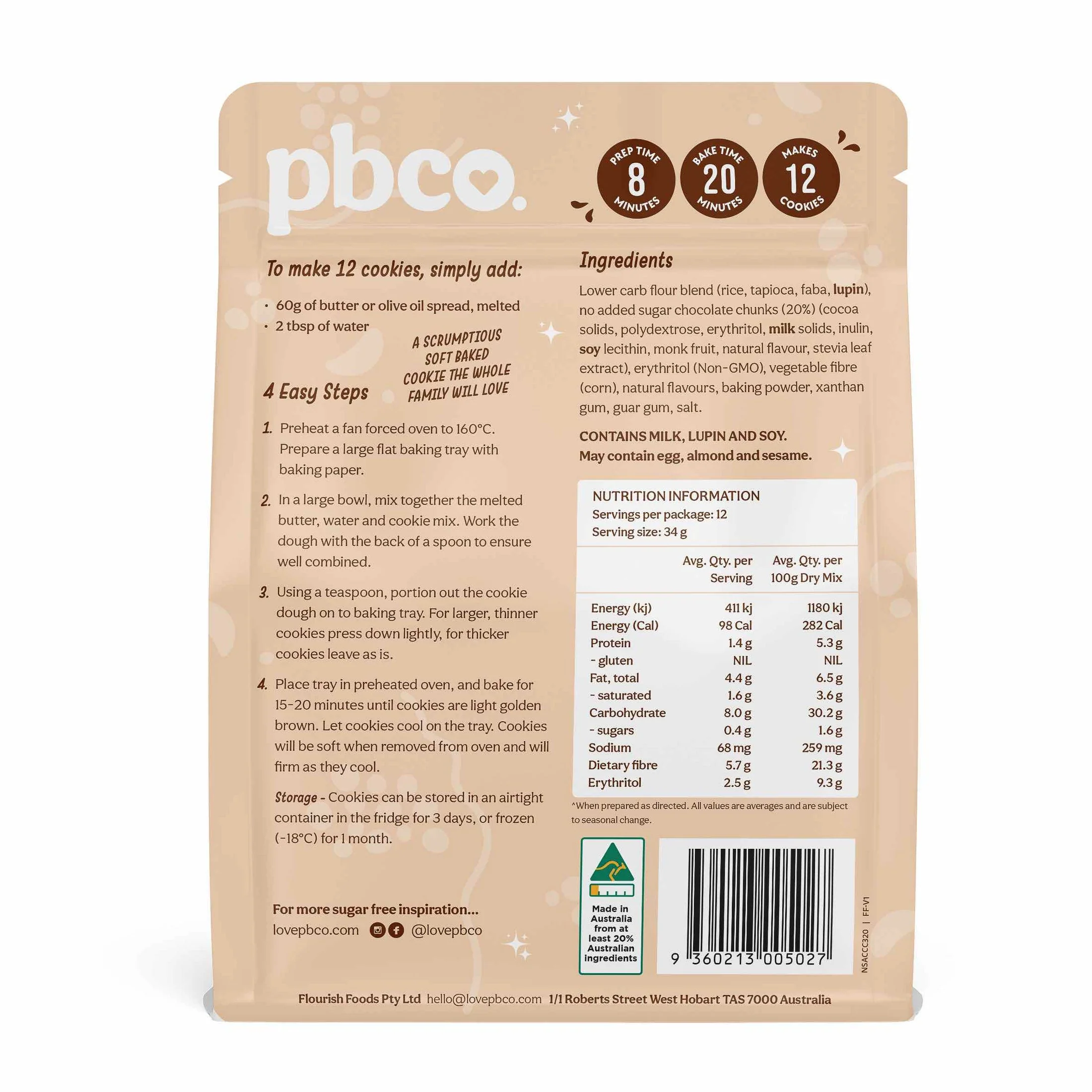 PBCo Sugar Free Mix 320g, Chunky Choc Chip Cookie Mix - Image 3
