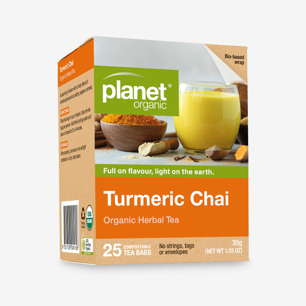 Planet Organic Certified Organic Herbal Tea 25 Tea Bags, Turmeric Chai; With A Lively Blend Of Oriental Spices